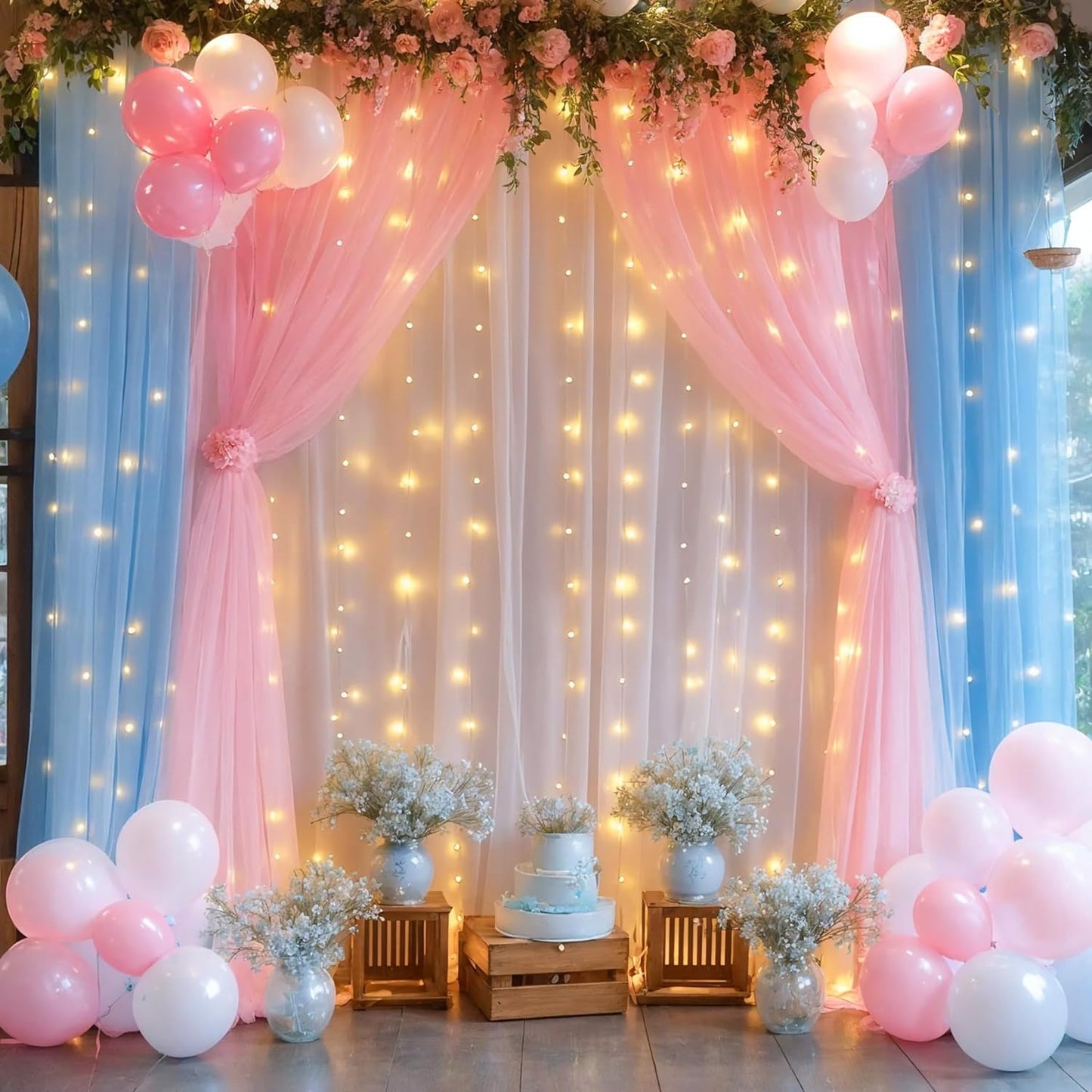 Pink Blue Sheer Tulle Backdrop Curtains with Lights String for Gender Reveal Baby Shower Decorations for Boy or Girl Birthday Party Photo Shoot Backdrop Background Decorations 2 Panels 5×8ft