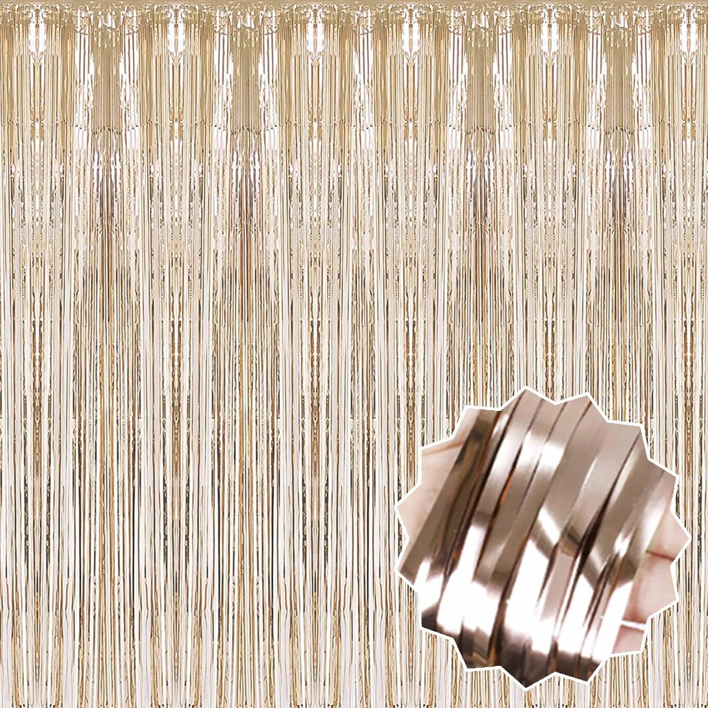 6 Pack Champagne Gold Foil Fringe Curtains Backdrop, 3.28 x 8.2 Ft Metallic Streamers Tinsel Curtains Background for Photo Booth, Birthday, Weddings, Carnivals, Graduation, Themed Party Decorations