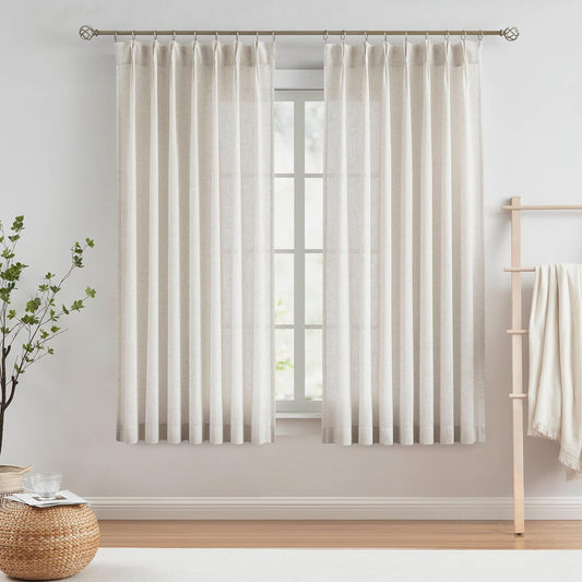 Vision Home Natural Pinch Pleated Semi Sheer Curtains Textured Linen Blended Light Filtering Window Curtains 72 inch for Living Room Bedroom Pinch Pleat Drapes with Hooks 2 Panels 42" Wx72 L