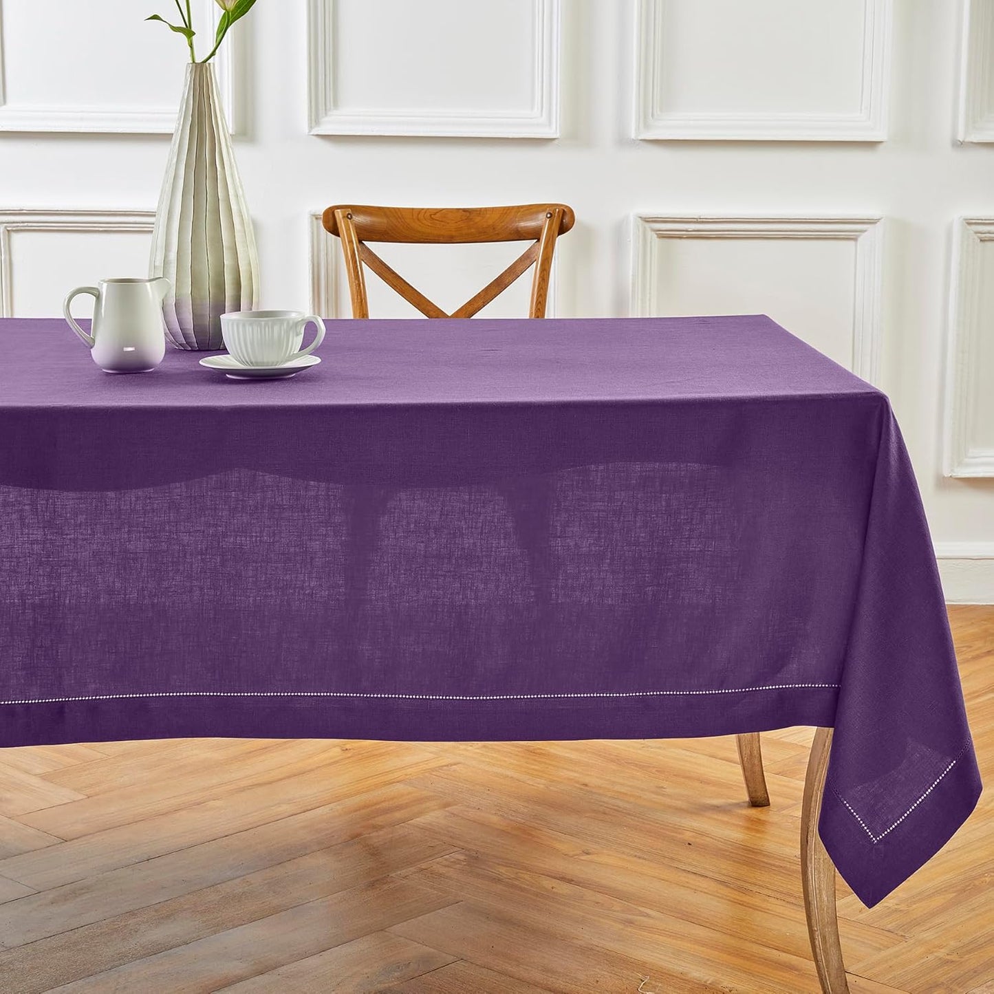 Solino Home Linen Purple Tablecloth 54 x 72 Inch - Classic Hemstitch, 100% Pure Linen Rectangular Tablecloth - Machine Washable Table Cloth for Fall, Autumn, Halloween, Thanksgiving