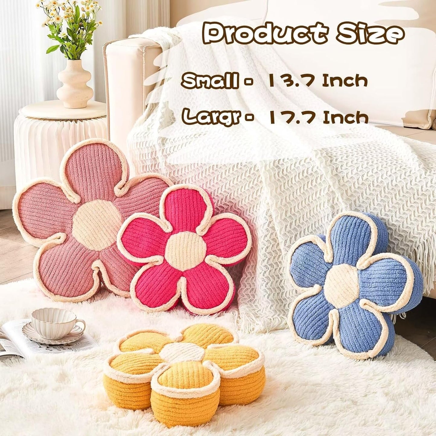 Flower Shaped Floor Cushion, Soft Decorative Throw Pillow, Cute Seating Cushion, Plush Pillows for Sofa Couch Bed (17.7 Inch, Yellow)