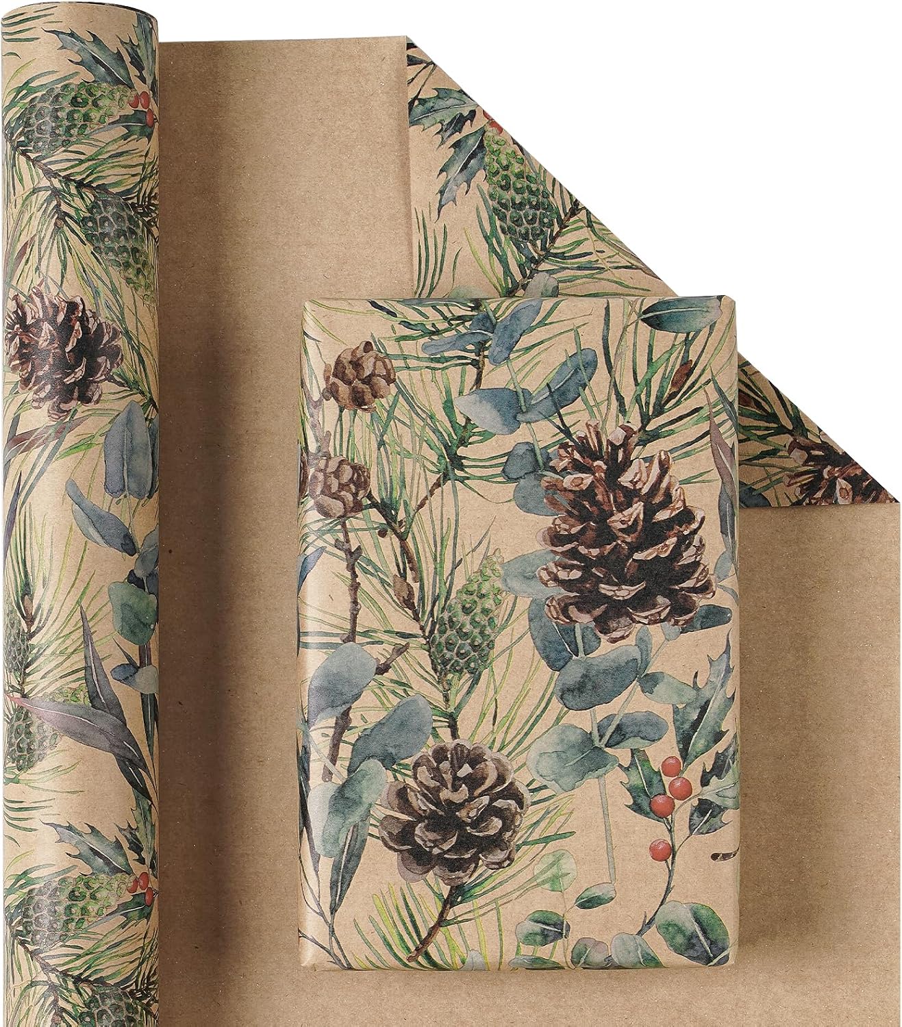 RUSPEPA Kraft Christmas Wrapping Paper Roll, Mini Roll, Watercolor Pinecone and Eucalyptus Leaf Design, Kraft Gift Wrap for Christmas, Winter Holiday Party, Rustic Natural Theme, 17 Inches x 16.4 Feet