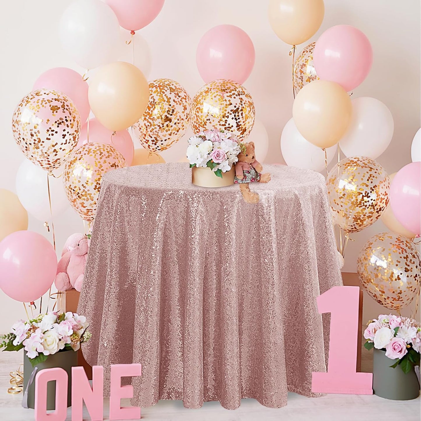 OQSQ Rose Gold Round Sequin Tablecloth, Glitter Tablecloth for Bridal Shower Decorations, Birthday, Wedding, Dessert, Banquet（50X50 inch Round,Rose Gold）
