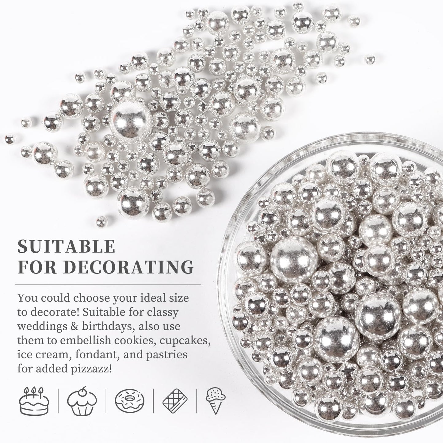 Pearls for Cake Decorating, Silver Pearl Sprinkles, Silver Metallic Sprinkles for Cake Decoration, Perfect for Cupcakes, Macaron, Cookies, Waffles, and Ice Cream Topping.120g(4.23oz)