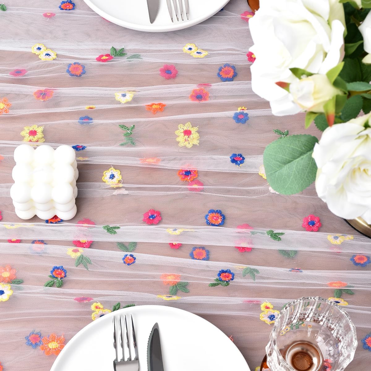 Joanlody 3pcs Ivory Embroidery Daisy Fall Thanksgiving Table Runner 10ft Florals Seasonal Tulle Table Runner Holiday Kitchen Dining Table Decoration for Home Party Indoor