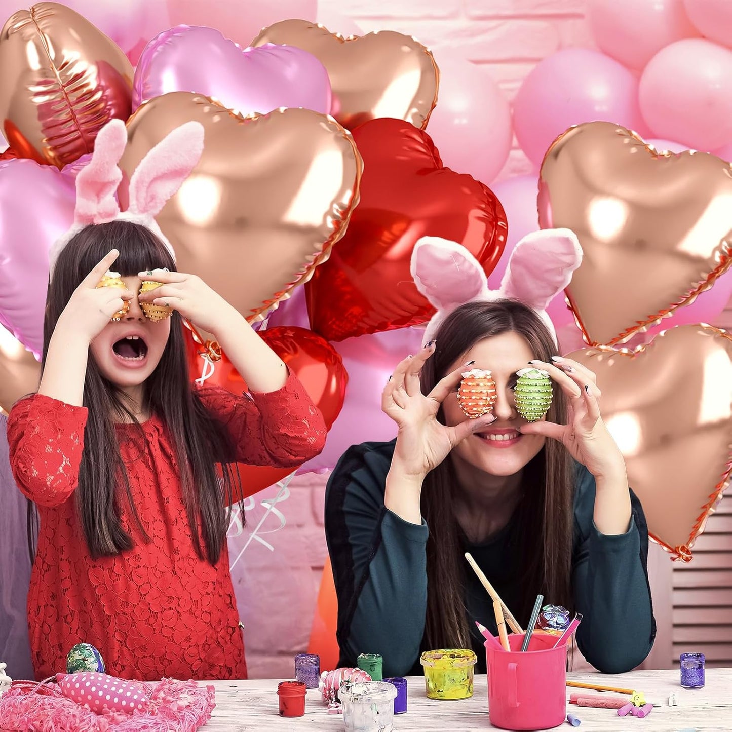 Rose Gold & Pink Heart Balloons - 10 Pcs 18 Inch Foil Heart Shaped Balloons for Girls Women - Red Light - Valentines Day, Birthday, Wedding, Baby Shower, Bridal Party Decorations