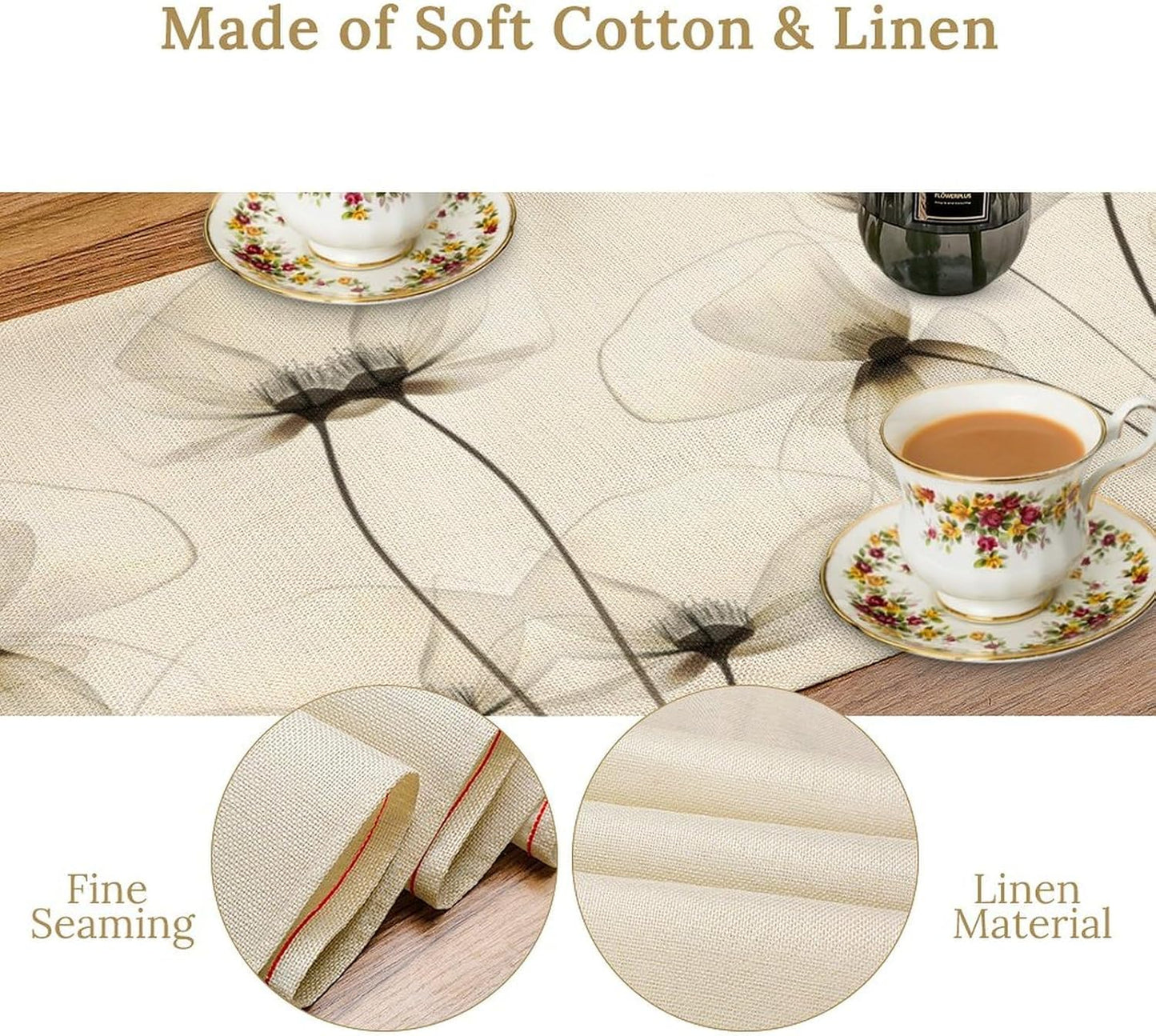 Abstract Floral Table Runner, Watercolor Transparent Beige Poppy Flowers Print Kitchen Dinning Table Runner for Indoor Outdoor Home Wedding Party Holiday, 13x36 Inch