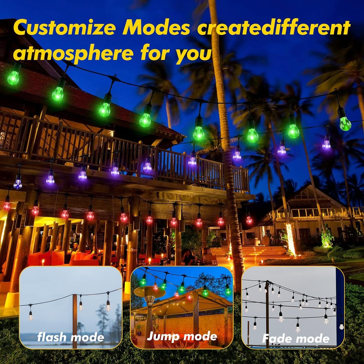 Solar Outdoor RGB String Lights, 48FT Dimmable Patio Lights with 15 Shatterproof Edison Bulbs, Commercial Grade Waterproof LED String Lighting with Remote for Party, Garden, Yard