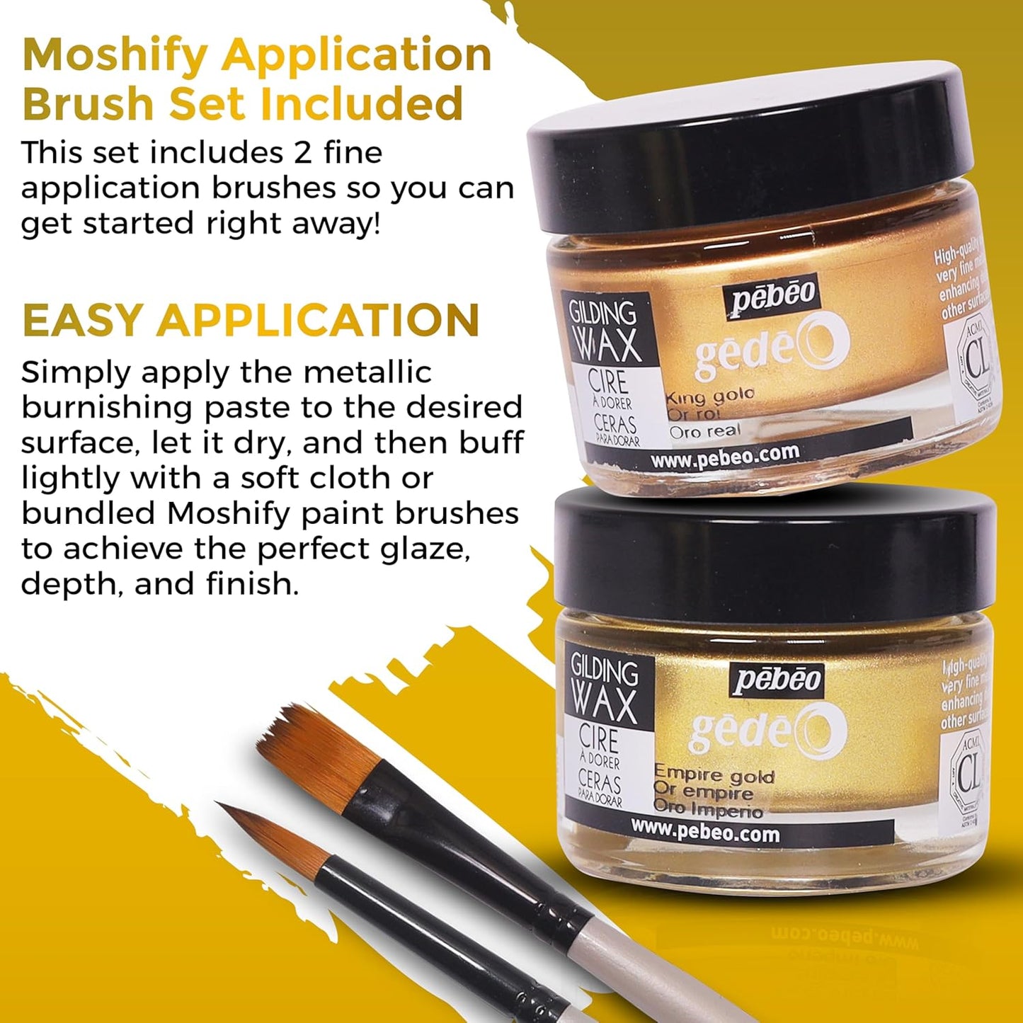 Pebeo Gilding Wax 30ml – King Gold Gilding Wax for Crafting, Antiquing Wax For Crafts and Professional Finishing – Gilding Wax for Wood, Metal, Glass, and More Bundled with Moshify Application Brushes