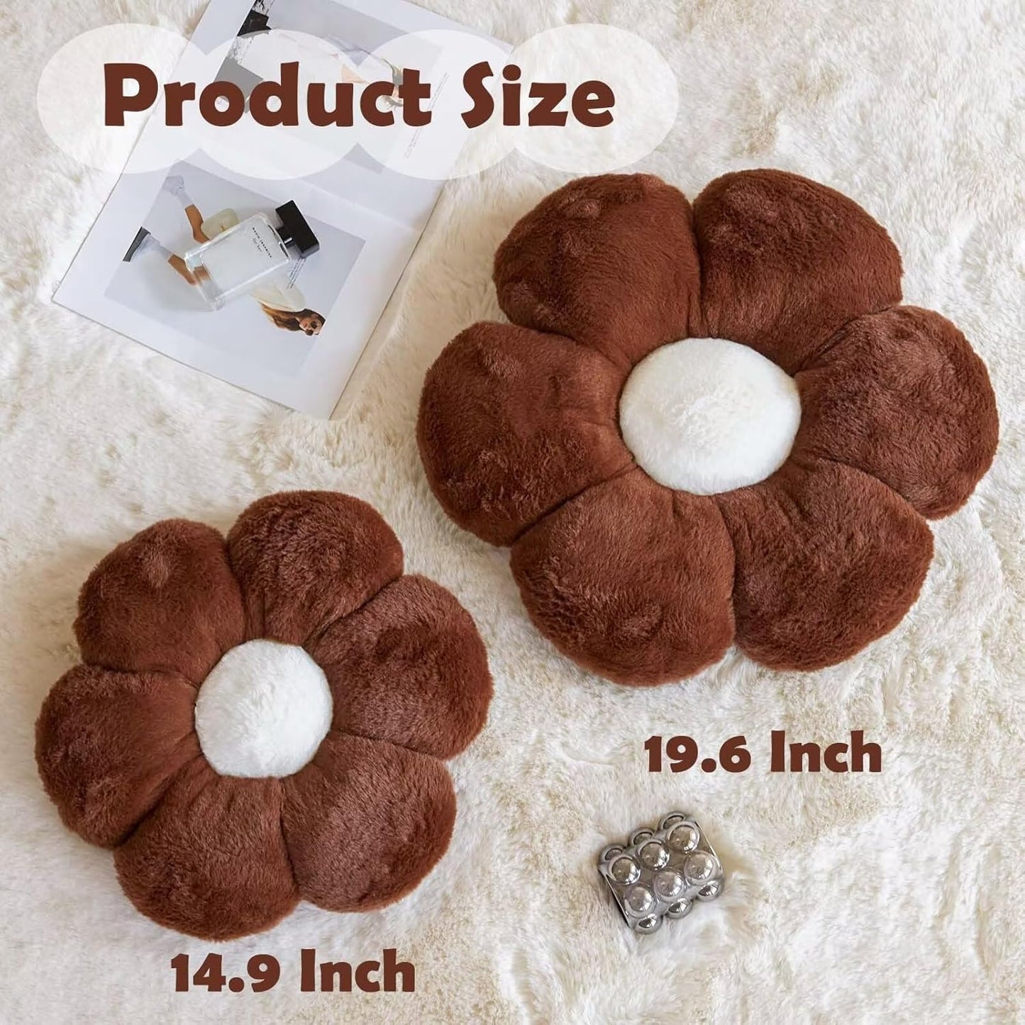 Brown Flower Pillow, Cute Decorative Flower Shaped Throw Pillow with Faux Rabbit Fur, 14.9" Soft Flower Plush Throw Pillow Floor Pillows Room Décor for Bedroom Living Room