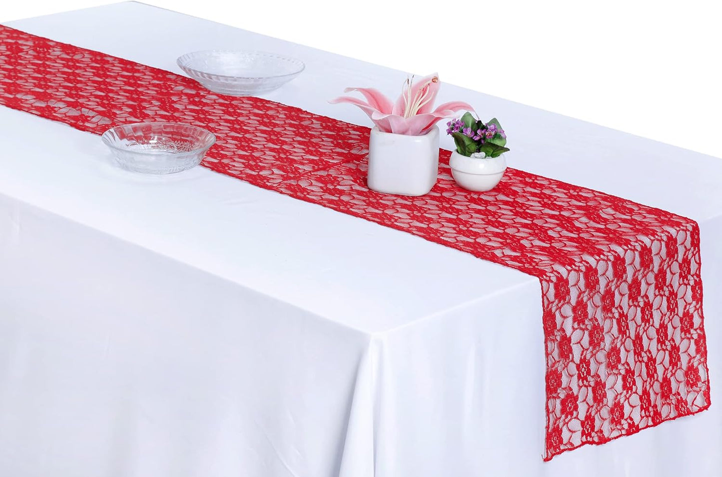 MDS Pack of 10 Wedding 12 x 108 inches Lace Table Runner for Wedding, Decorations for Birthday Parties, Banquets, Graduations, Engagements, and Runners fit Rectangle, Round Table- Red