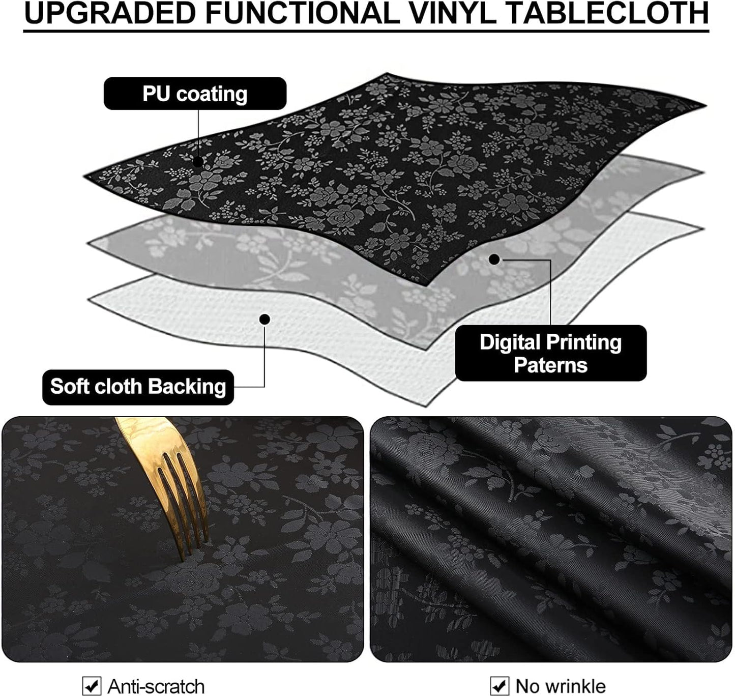 Smiry Rectangle Table Cloth, Waterproof Heavy Duty Vinyl Tablecloths, Wipeable Washable Table Cover for Kitchen and Dining Room (Black, 54" X 78")
