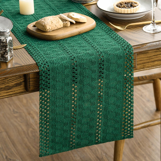 Artoid Mode Dark Green Farmhouse Woven Rustic Hollow Table Runner, Seasonal Holiday Hollow Kitchen Dining Table Decoration for Home Party Decor 12x72 Inch