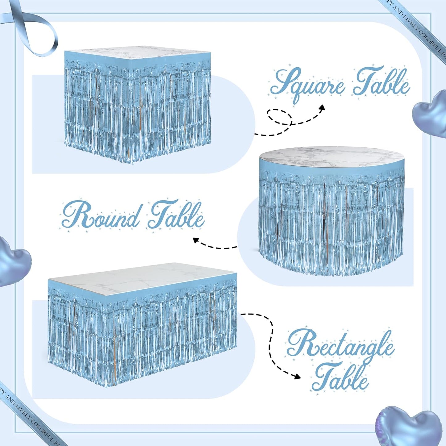4 Pack Light Blue Table Skirts, 29x108" Metallic Foil Tinsel Fringe Table Skirts for Rectangle Tables Streamer Curtains Backdrop, Party Decorations for Birthdays Weddings Holidays