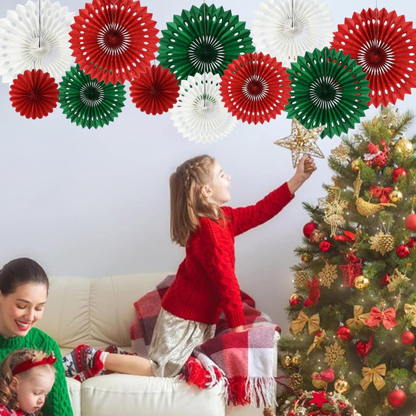 BEISHIDA Red Green White Hanging Tissue Honeycomb Round Paper Fans Decor Kit for Christmas Birthday Girl Kid Shower Bachelorette Wedding Backdrops Anniversary Party Supplies（11 Packs）
