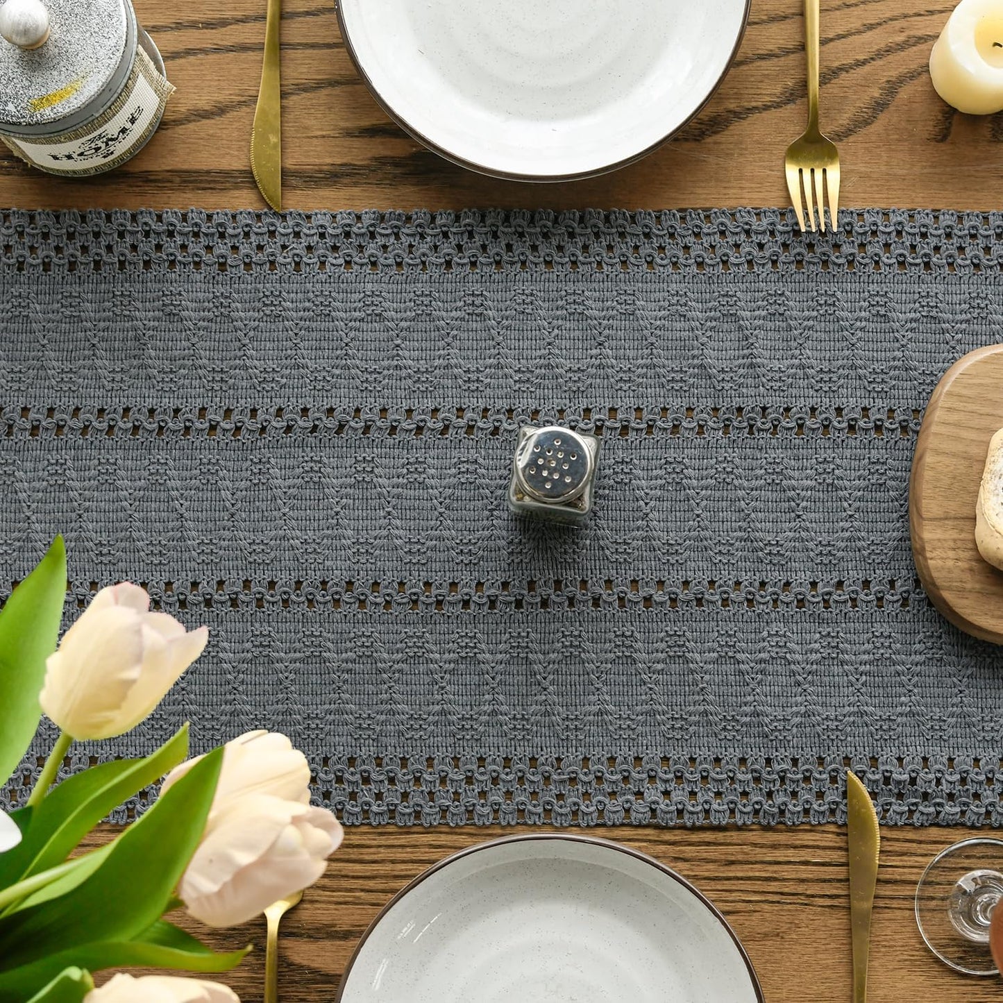 Artoid Mode Dark Grey Farmhouse Woven Rustic Hollow Table Runner, Seasonal Holiday Hollow Kitchen Dining Table Decoration for Home Party Decor 12x72 Inch