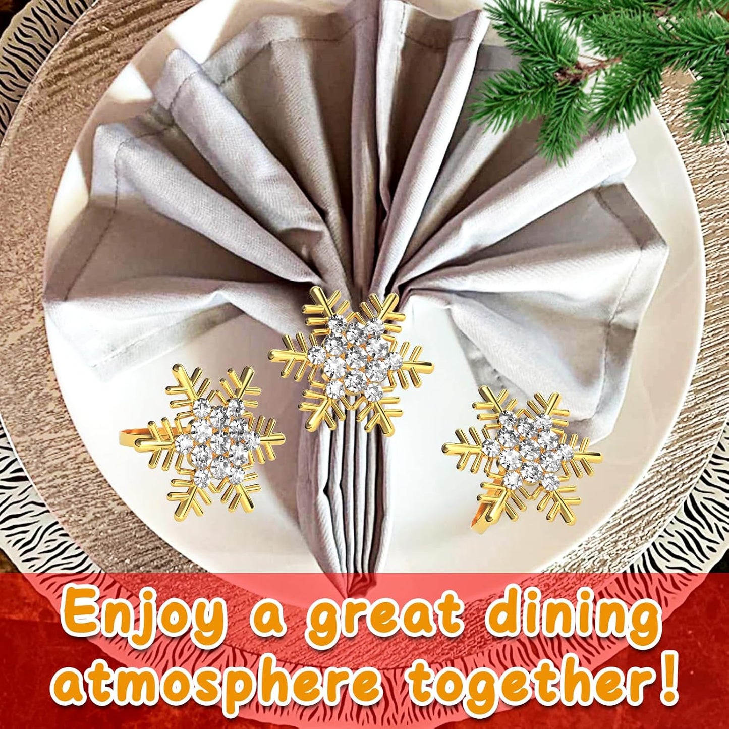 Halatool Christmas Napkin Rings Set of 12, Gold Snowflake with White Rhinestone Napkin Holder for Christmas Thanksgiving Winter Holiday Place Setting, Weddings, Party Table Decoration