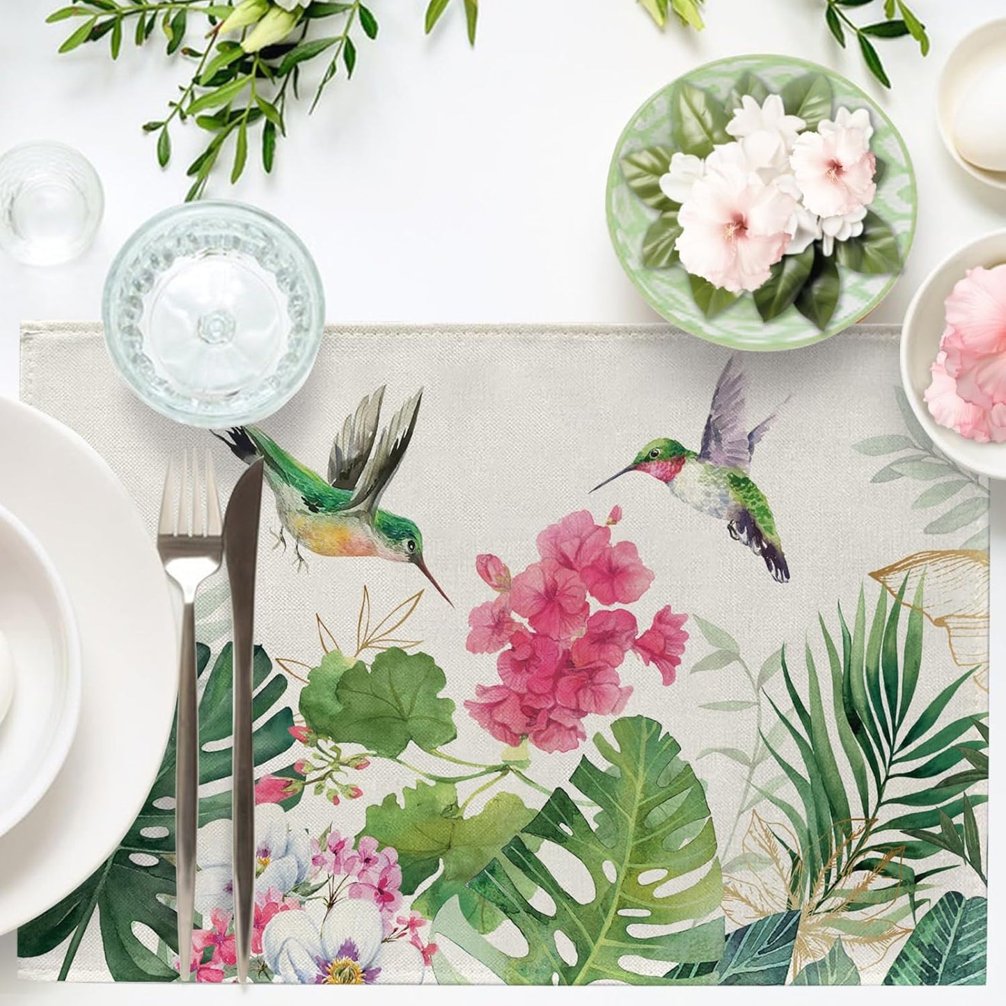 Seliem Spring Summer Geranium Flower Placemats Set of 4, Red Floral Hummingbird Palm Leaves Monstera Dining Table Place Mats, Seasonal Kitchen Decor Home Decoration 12 x 18 Inch