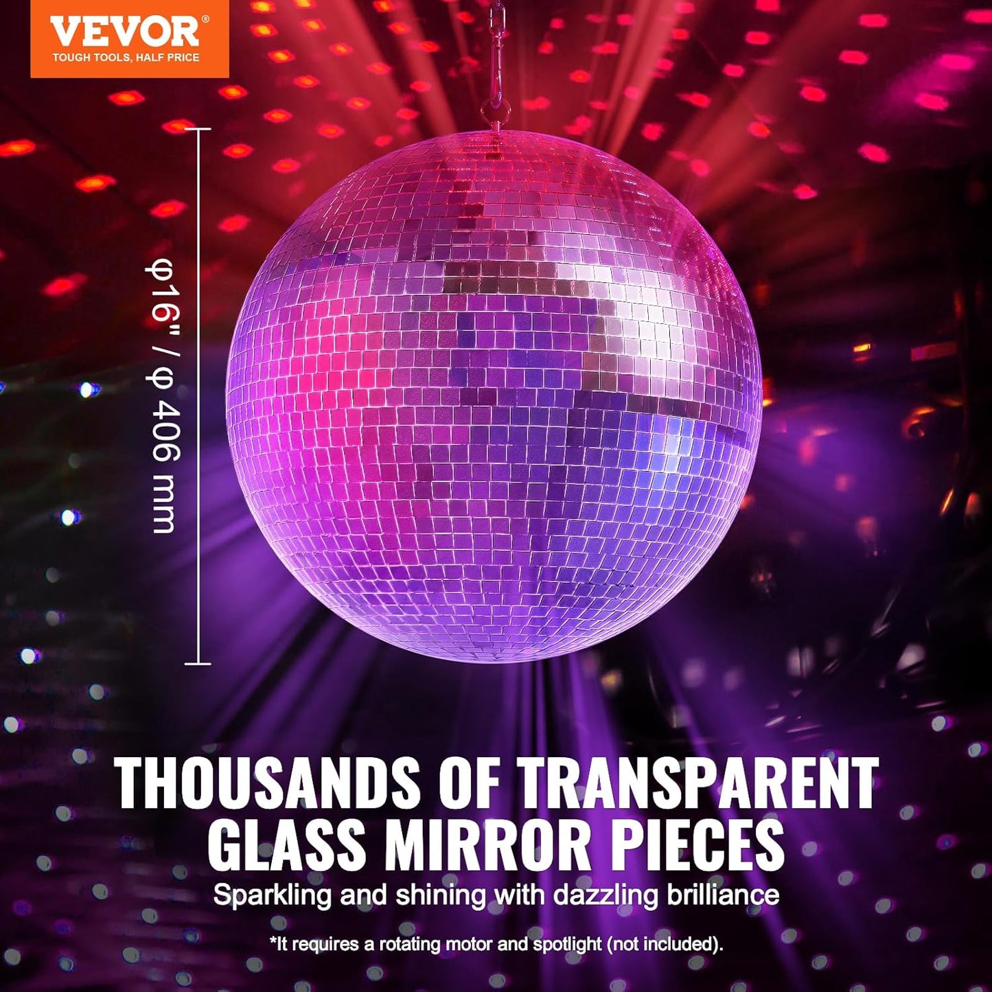 VEVOR Mirror Disco Ball, 16 Inch Party Mirror Ball with Hanging Ring, Large Lightning Disco Ball Party Decorations, Ideal for DJ Club, Stage, Wedding, Birthday, Christmas, New Years Celebration