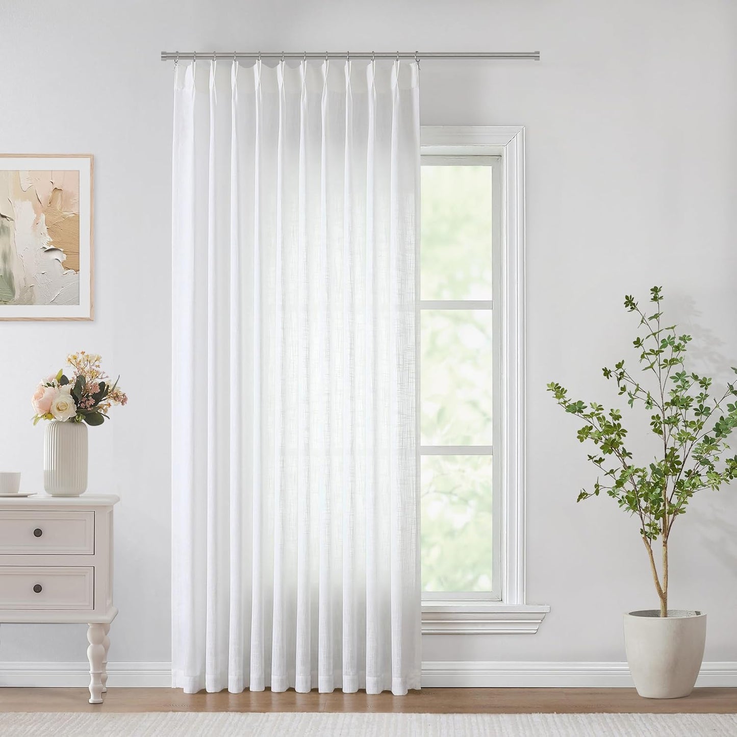 Vision Home White Pinch Pleated Semi Sheer Curtains Textured Light Filtering Window Curtains 90 inch for Living Room Bedroom Patio Rayon Blended Pinch Pleat Drapes with Hooks 1 Panel 60" Wx90 L