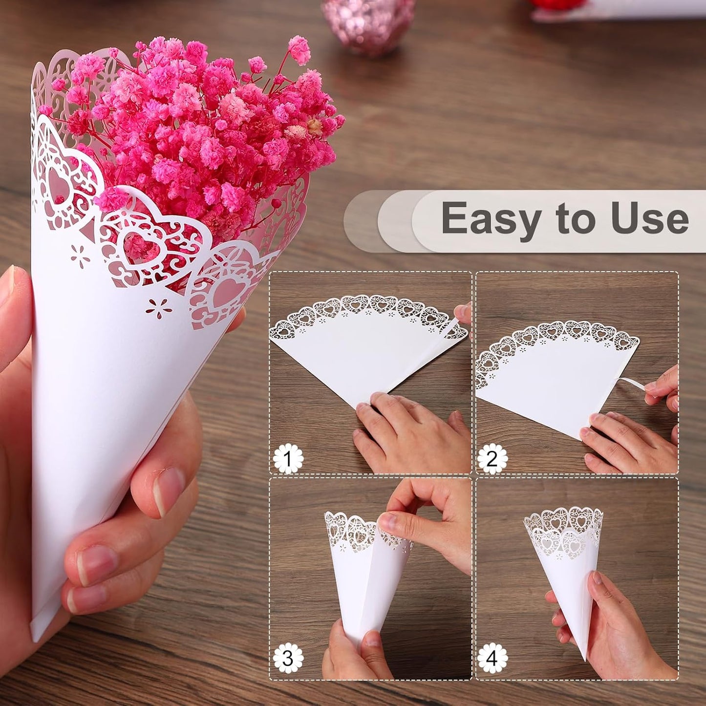 PATIKIL Wedding Confetti Cones, 100 Pcs Paper Tapers Hollow Print Wave Cone Bouquet for Party Candy Gift Boxes Chocolate Bags Buffet Bachelor Party Petals, White