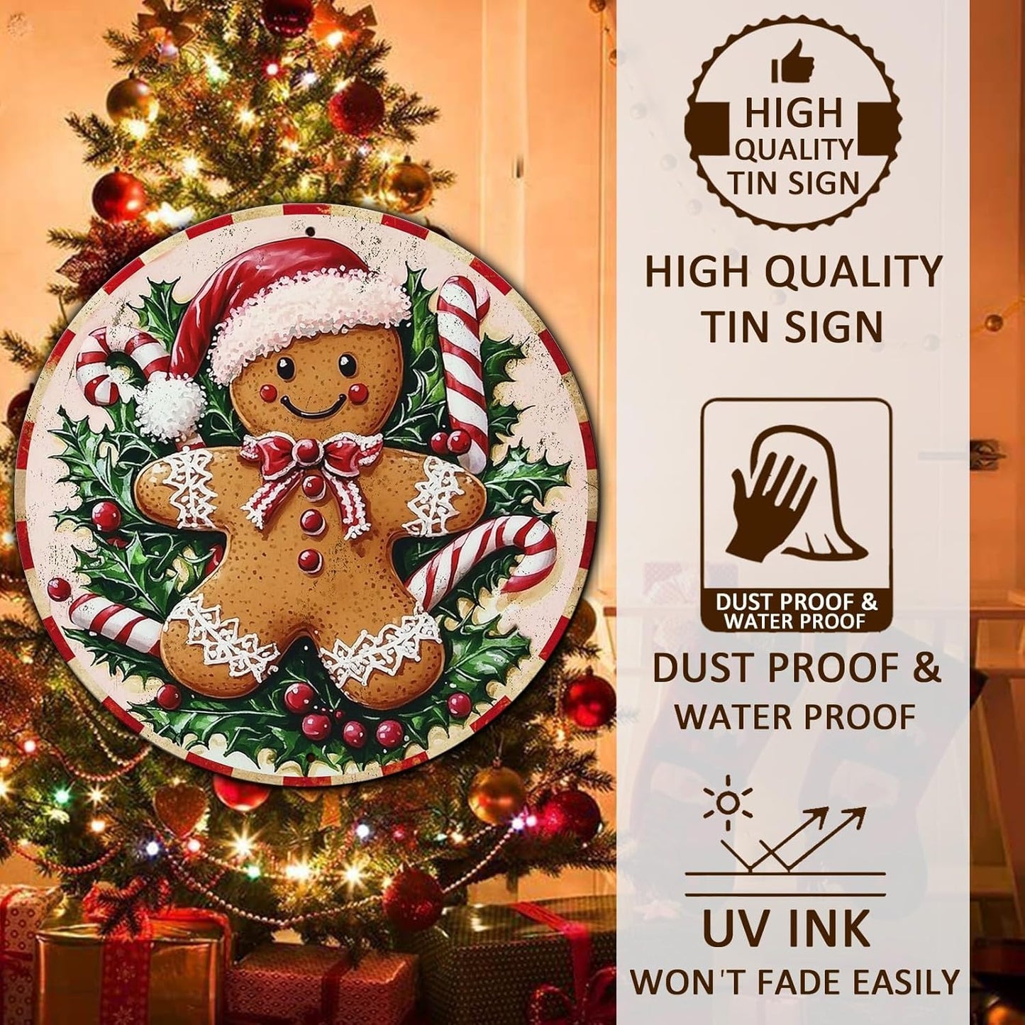 Round Christmas Metal Tin Sign Rustic Wall Decor Gingerbread Man Vintage Tin Sign Candy Canes Christmas Tin Sign for Home Garden Kitchen Bar Cafe Restaurant Garage Wall Decor 8 * 8 in