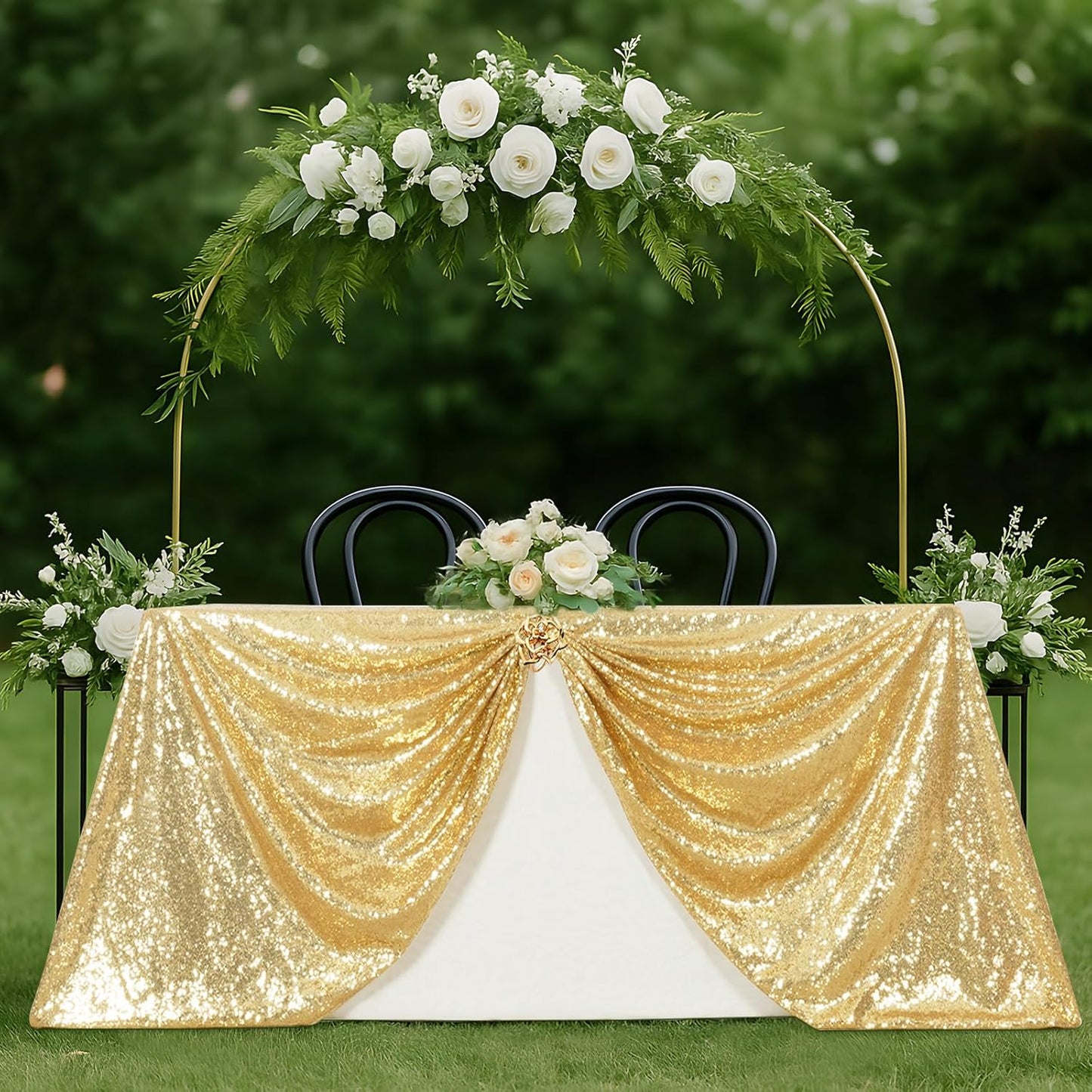 SquarePie Sequin Tablecloth 90 x 132 Inch Light Gold Sparkly Table Cloth for Wedding Party Decoration