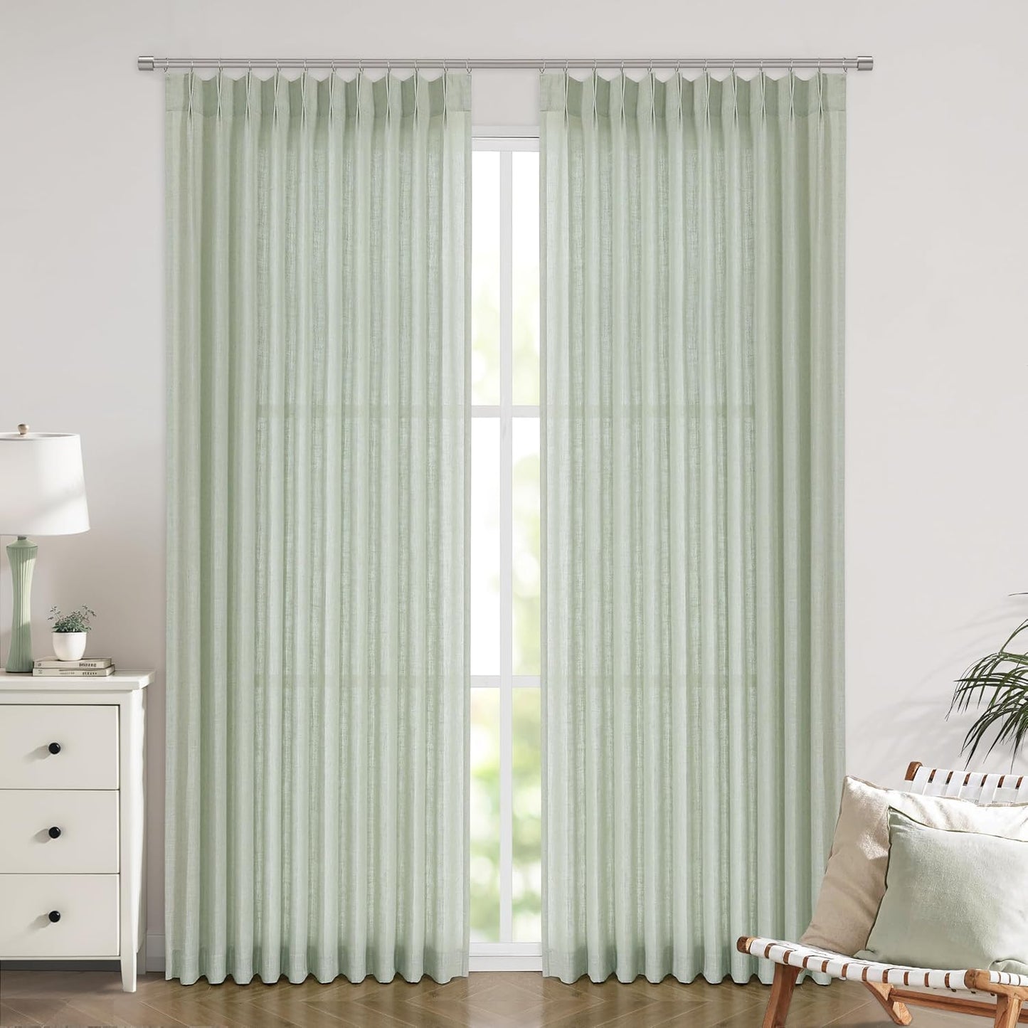 Vision Home Soft Green Pinch Pleated Semi Sheer Curtains Textured Linen Blended Light Filtering Window Curtains 102 inch for Living Room Bedroom Patio Pinch Pleat Drapes with Hooks 1 Panel 60"Wx102"L