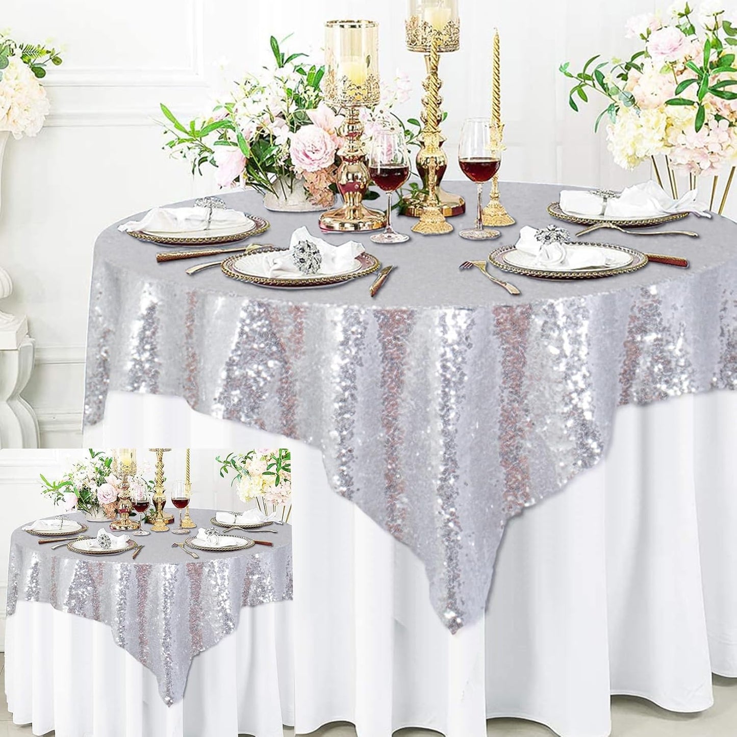 ShinyBeauty 2 Pack 72x72 Inch Silver Sequin Tablecloths - Elegant Square Glitter Tablecloth for Wedding, Birthday, and Party Decorations