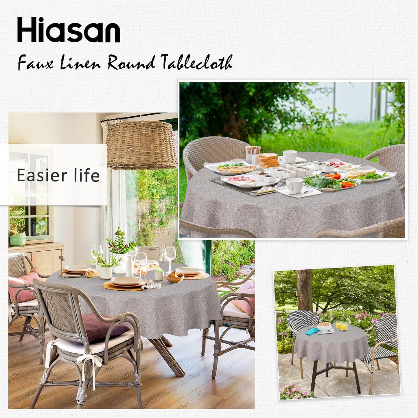 Hiasan Round Linen Tablecloth 90 Inch - Wrinkle and Stain Resistant Washable Polyester Fabric Table Cloth for Dining Room Kitchen Party, Stone