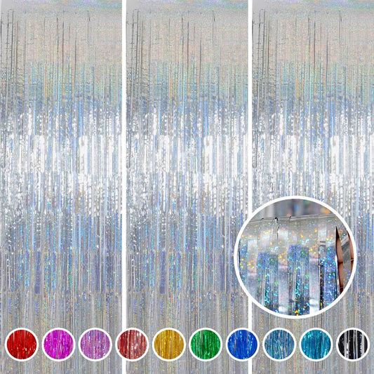 Foil Fringe Curtains Independence Day Decorations - Melsan 3 Pack 3.2 x 8.2 ft Silver Tinsel Curtain Photo Backdrop for Birthday Party or Disco Party Decorations