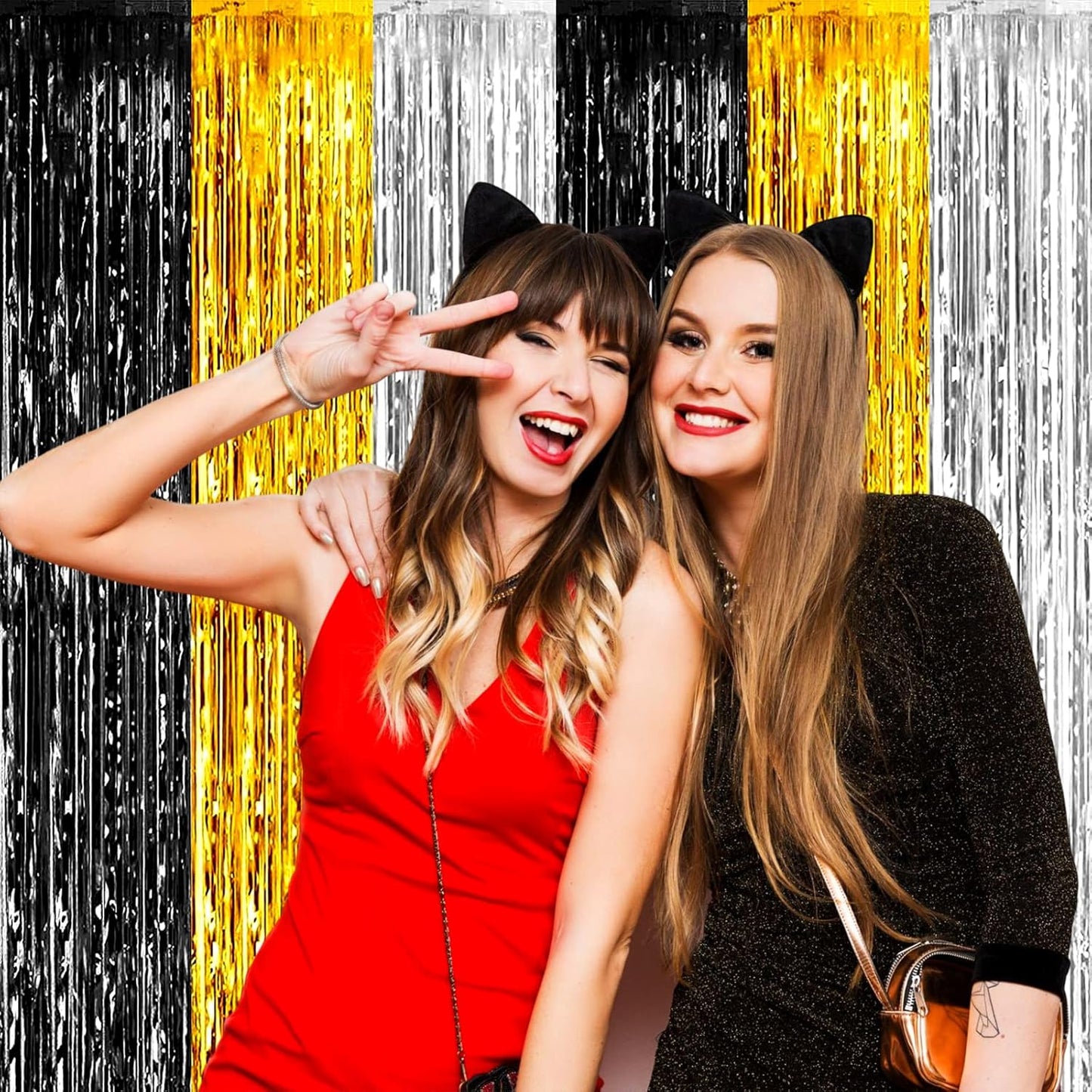 4 Pack Black Gold Silver Foil Fringe Curtain Backdrop, 3.28Ft x 9.8Ft Metallic Tinsel Foil Fringe Streamers for Photo Booth, Wedding, Notorious One Birthday Roaring 20s Graduation Party Decoration