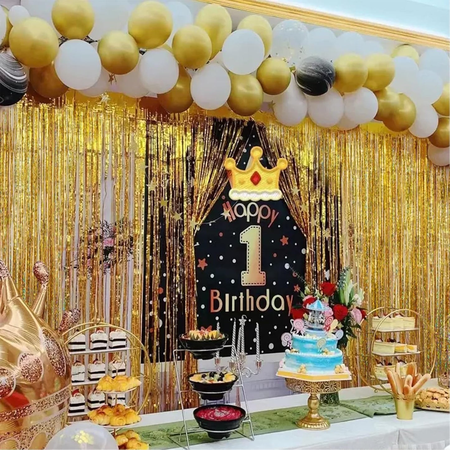 CANREVEL 2 Pack 3.3x8.2 Feet Laser Gold Foil Fringe Backdrop Curtains, Tinsel Streamers Birthday Party Decorations, Fringe Backdrop for Graduation, Baby Shower, Happy New Year, Disco Party