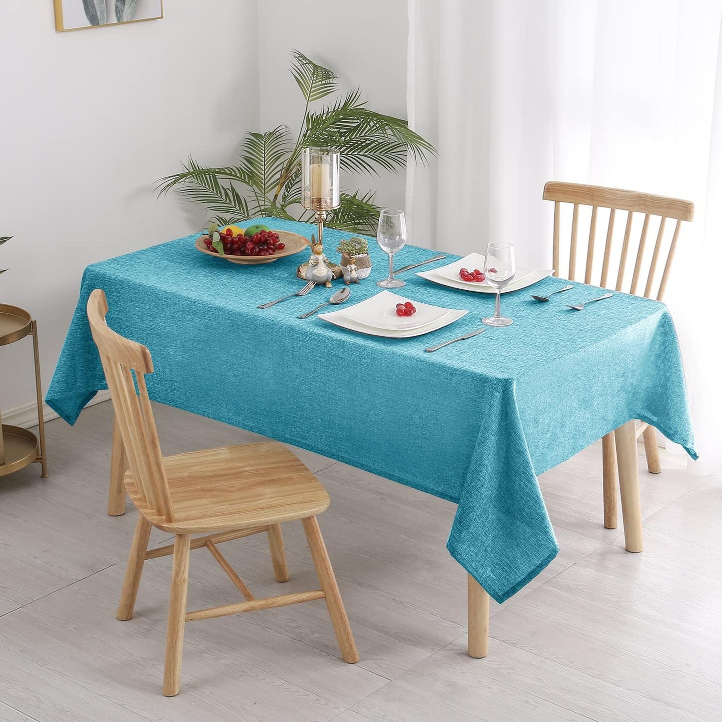 Hiasan 2 Pack Faux Linen Rectangle Tablecloth - Wrinkle and Stain Resistant Washable Table Cloth for Kitchen Dining Room Holiday Table Cover for Dinner, Teal, 60 x 140 Inch