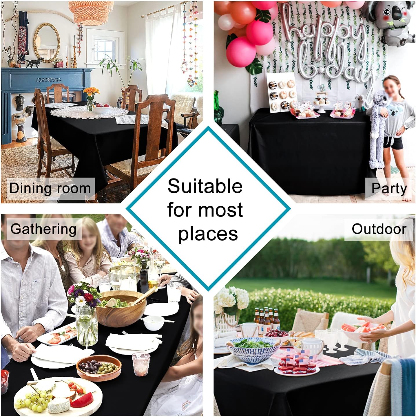 Hiasan 2 Pieces Black Tablecloth Square - Waterproof and Wrinklr Resistant Washable Polyester Fabric Table Cloth for Dining Room and Outdoor Use, 70 x 70 Inch