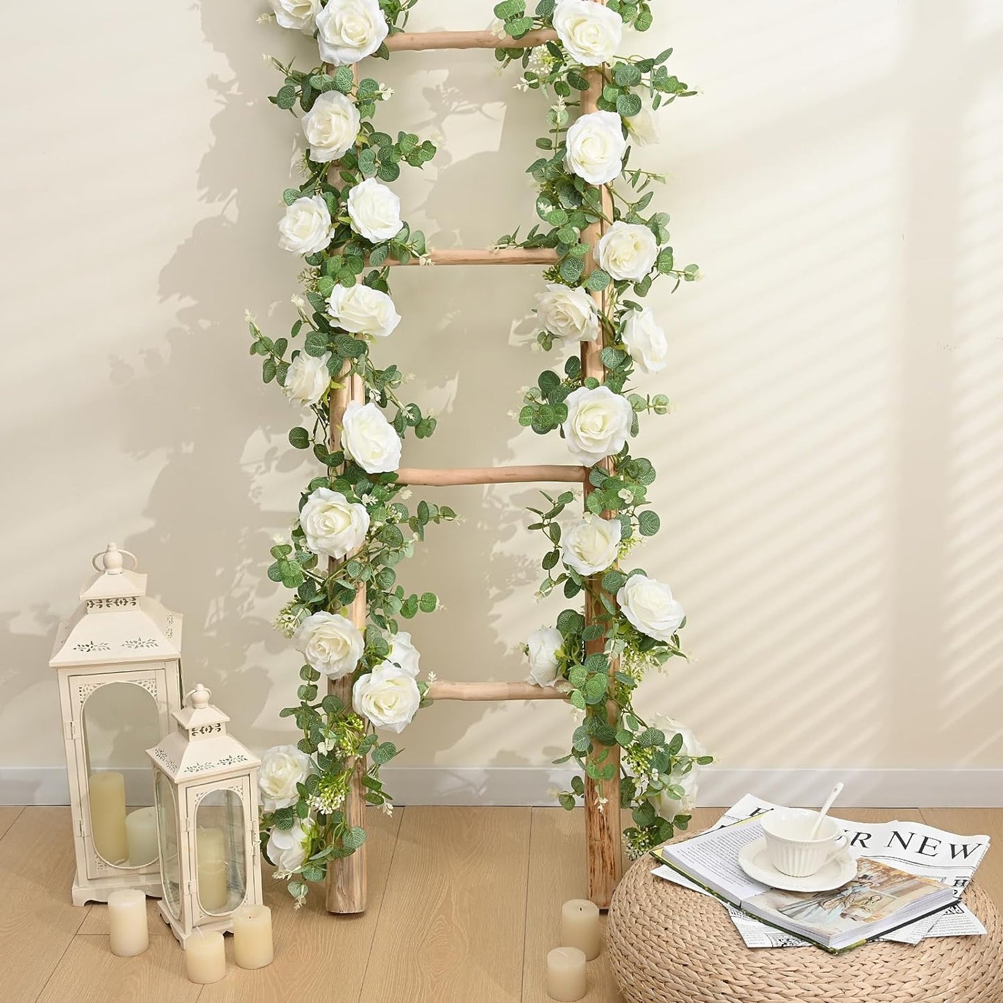 Dolicer 2Pcs 13Ft Artificial Eucalyptus Garlands with Flowers - 8 Roses, Faux Floral Greenery Garlands Fake Flowers Vines for Wedding Table Centerpieces Arch Party Ceremony Backdrop Decor (White)