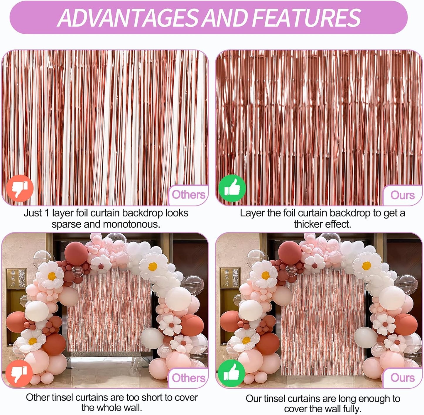 Crosize 4 Pack 3.3 x 9.9 ft Rose Gold Foil Fringe Backdrop Curtain, Streamer Backdrop Curtains, Streamers Birthday Party Decorations, Tinsel Curtain for Parties, Photo Booth Backdrops, Party Décor