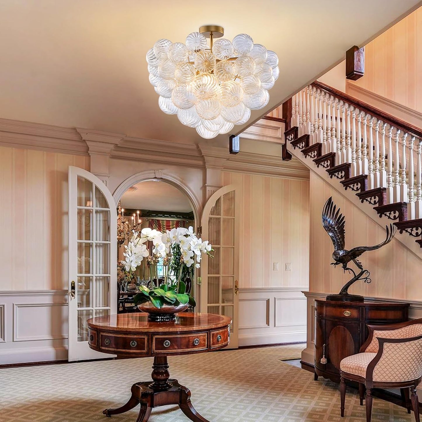 Nordic Bubble Ball Swirled Glass Ceiling Lights Fixture, Dia 24 inch Gild Brass and Clear Blown Glass Small Chandelier for Bedroom Study Bathroom