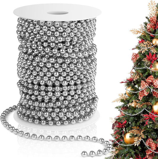 Pearl Beads Garland, 6 MM Silver Faux String of Pearls, Pearl Garland for Christmas Tree 82FT Pearl Beads Strand Spool Bead Roll for Crafts Floral Centerpieces Wedding Party Christmas Tree Decorations