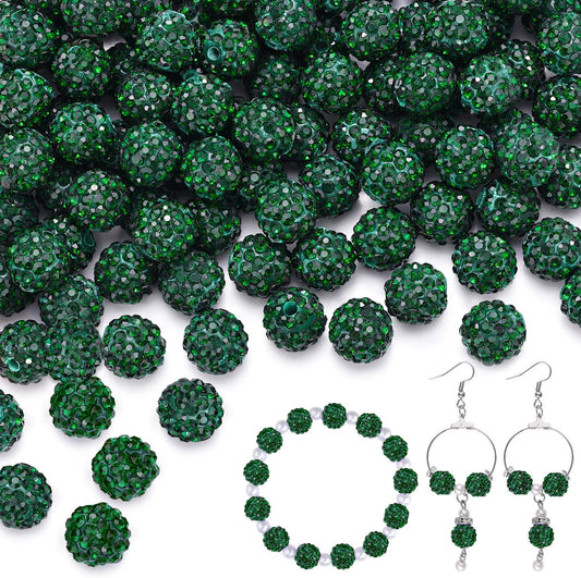 200pcs 10mm Emerald Rhinestone Beads for Jewelry Making, Shiny Round Shamballa Disco Ball Beads Bulk, Sparkle Crystal Clay Christmas for Bracelet Baseball Necklace Earring Crafting and DIY