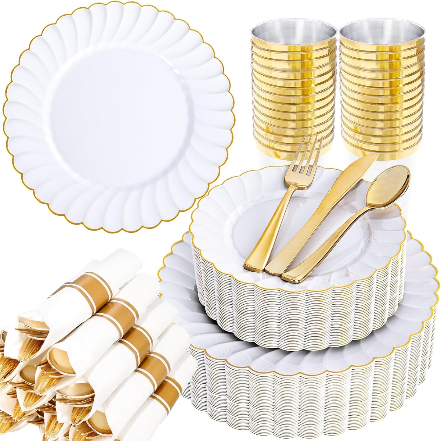 YOUBET 350PCS Gold Scalloped Plastic Plates - White and Gold Disposable Dinnerware Set Include 100 Plates, 150 Gold Silverware, 50 Cups, 50 Napkins for Wedding & Party & Thanksgiving