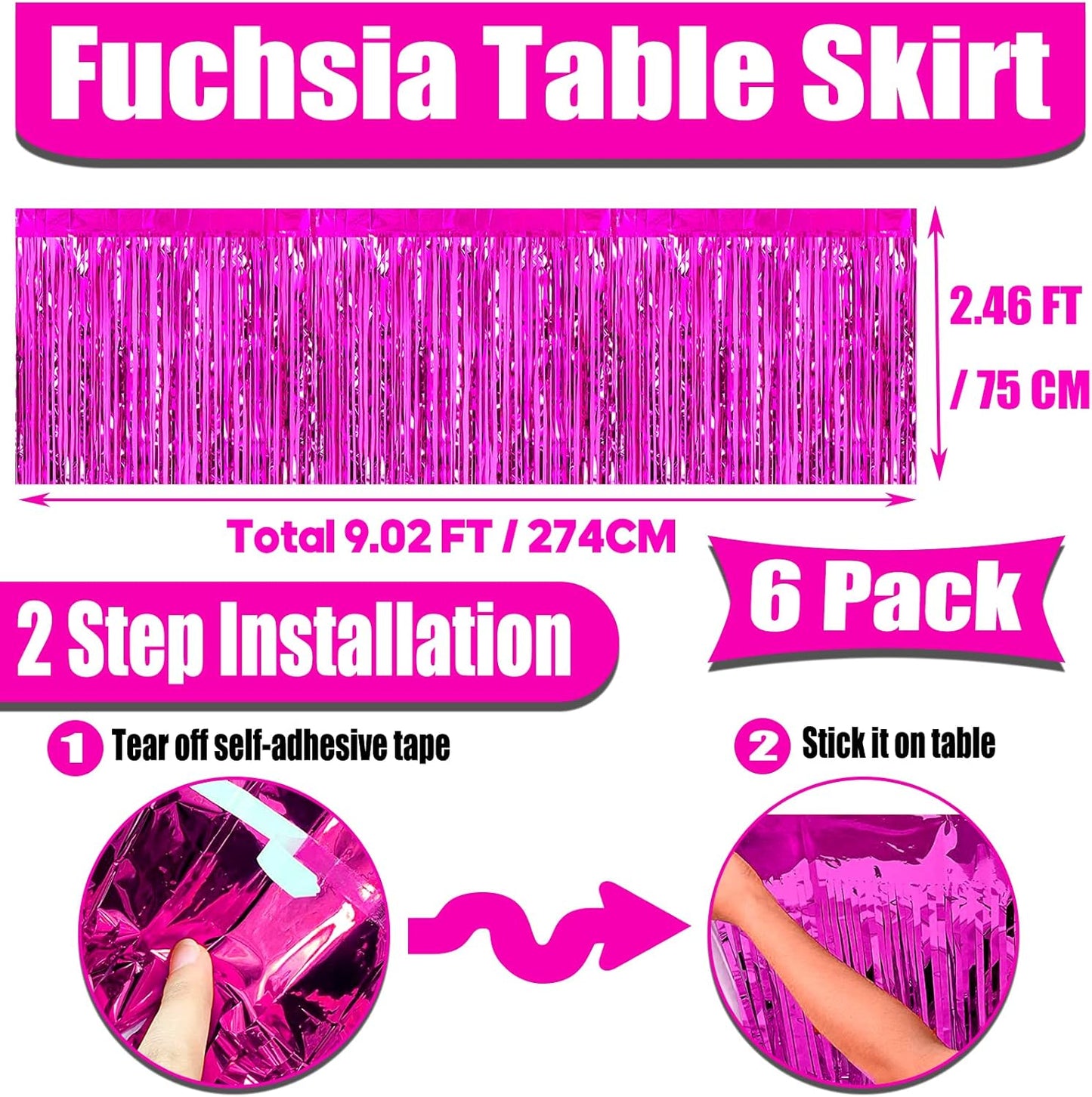 6 Pack 29x108 Inch Metallic Foil Fringe Tinsel Table Skirts Banner for Rectangle Tables Streamer Garland Curtains Backdrop for Wedding, Birthday, Parade Floats, Christmas Party Decoration(Fuchsia)