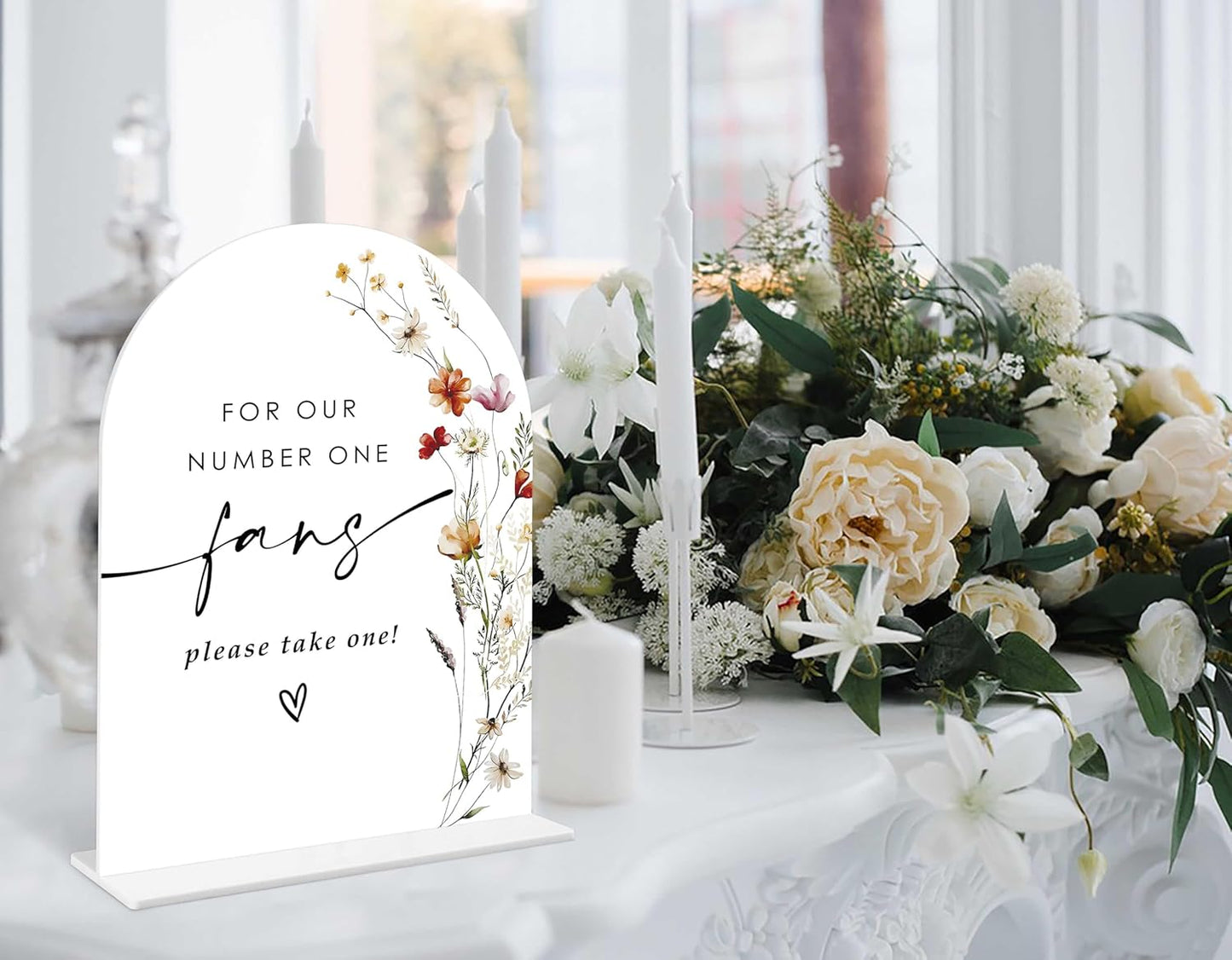 Boho Floral Wedding Fan Sign, 6 x 8 Inch White Arch Acrylic Wedding Sign with Holder, Wedding Sign for Ceremony and Reception, Wedding Decoration, Wedding Supplies - BX23