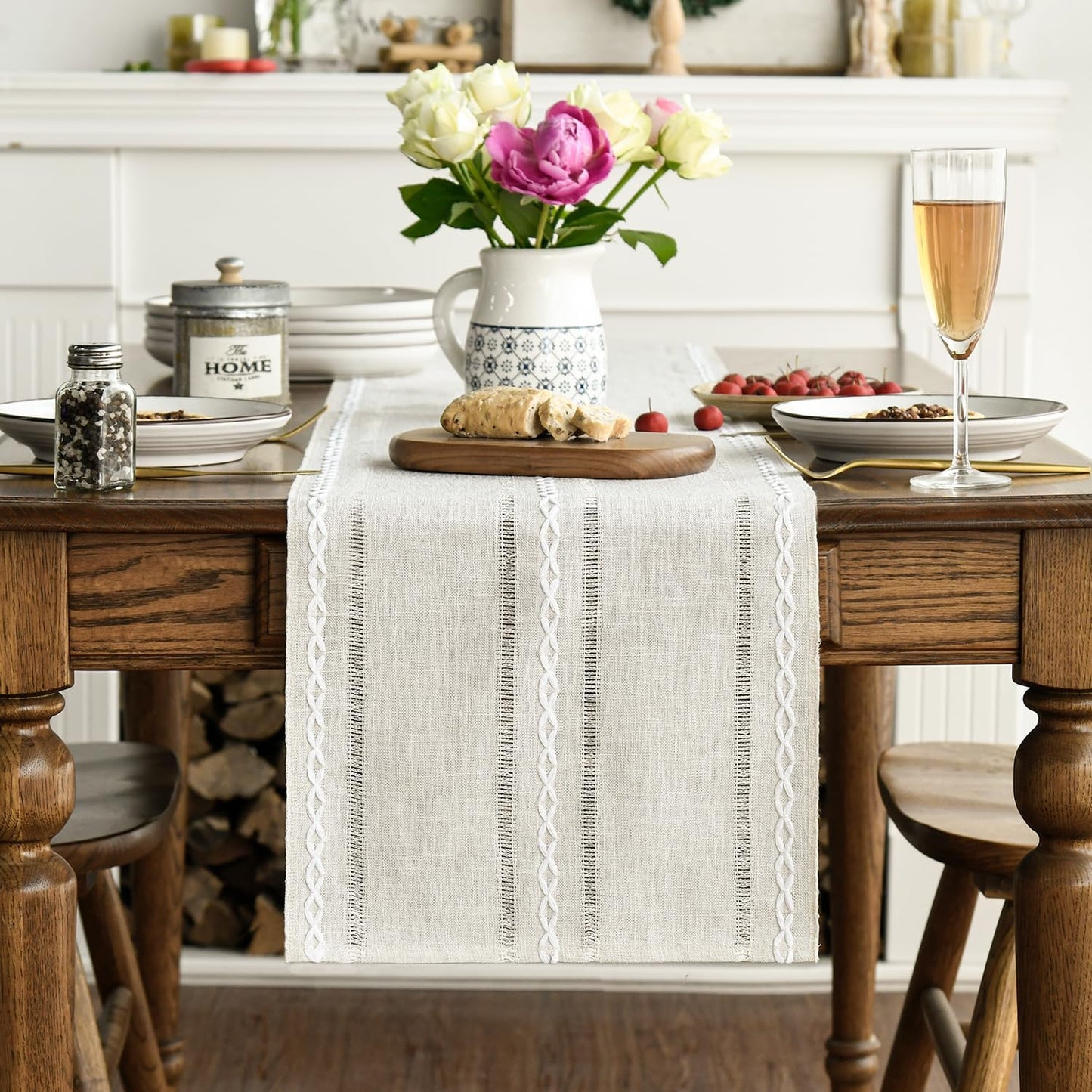 Artoid Mode Beige Rustic Cotton Linen Table Runner, Seasonal Embroidered Hollow Kitchen Dining Table Decoration for Home Party Decor 13x108 Inch