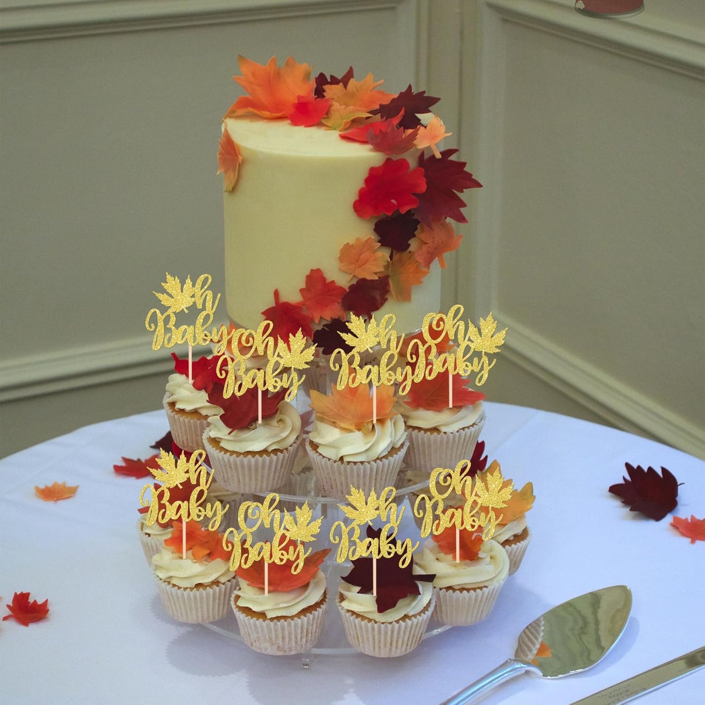 24 PCS Maple Leaf Oh Baby Cupcake Toppers Glitter Fall Baby Shower Cupcake Picks for Thanksgiving Theme Baby Shower Kids Boys Girls Birthday Party Cake Decorations Supplies Gold