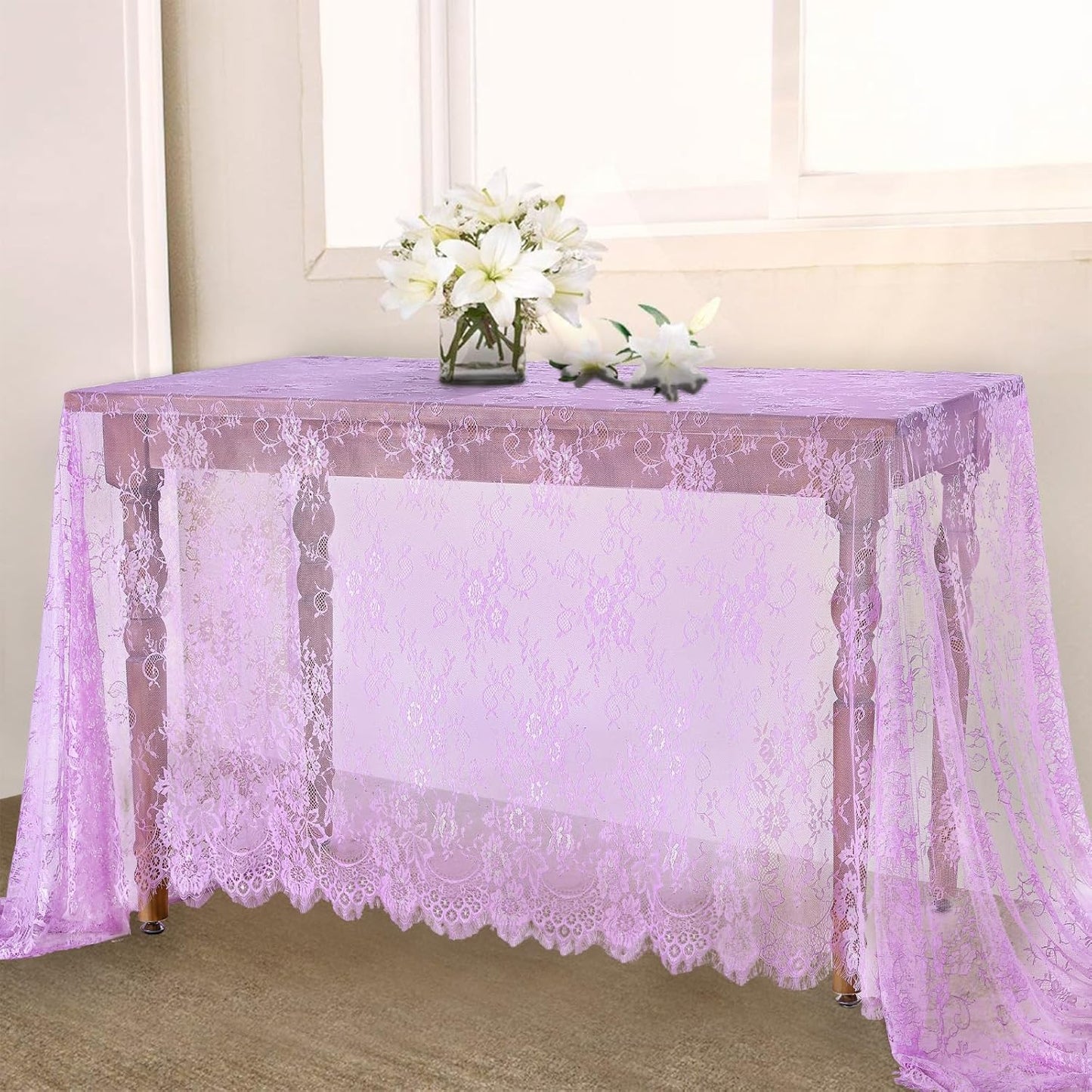 LuoluoHouse Sheer Lace Tablecloth Floral 6pcs Table Fabric 60x120 Inch for Rustic Party Wedding Decoration Rectangle Overlay Long Embroidered Reception Table Cloth Decor