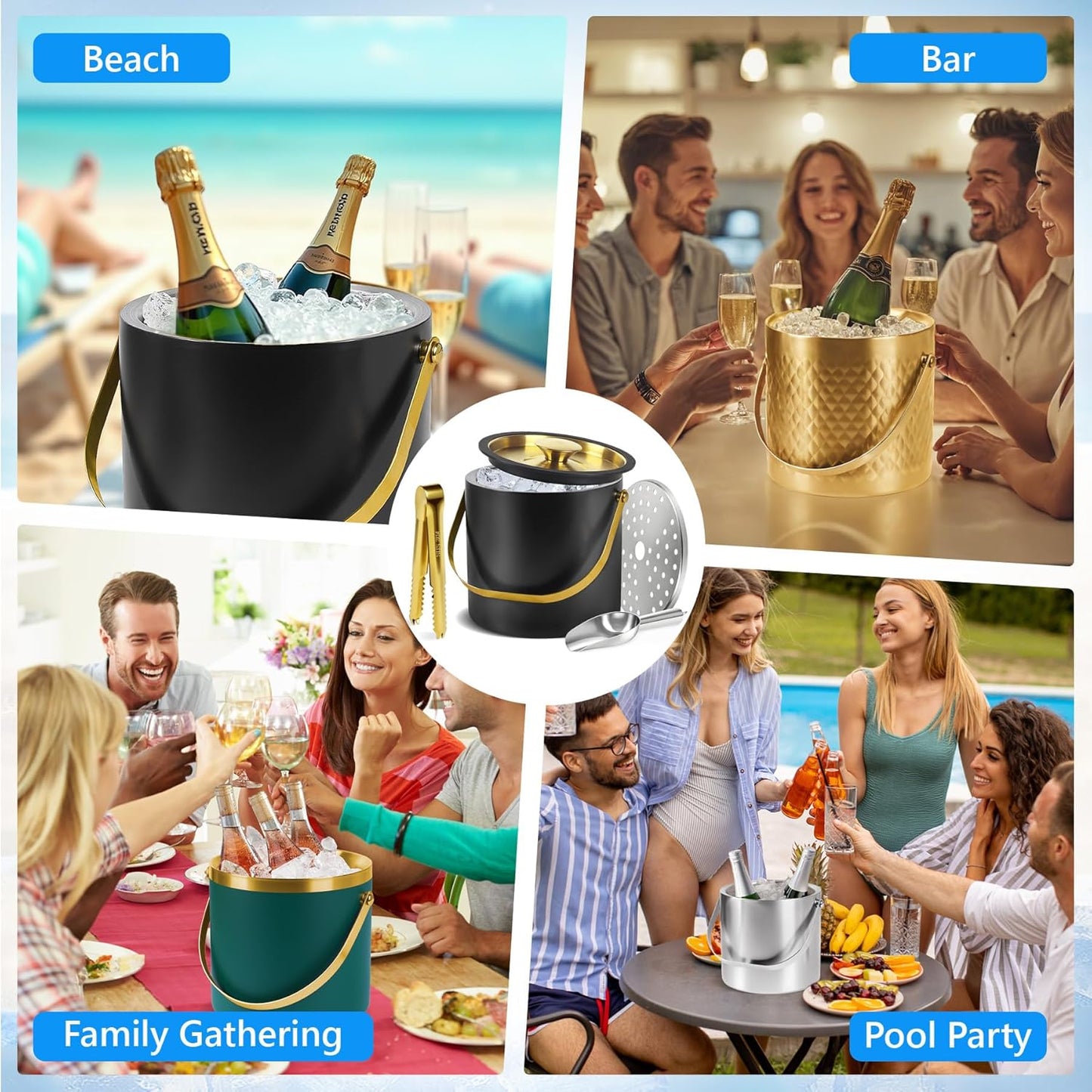 Ice Bucket, Ice Bucket with Silicone Sealing Ring Double-Wall Vacuum Insulation Champagne Buckets with Filter Layer Ice Tongs Ice Scoop (Silver, 3 L)