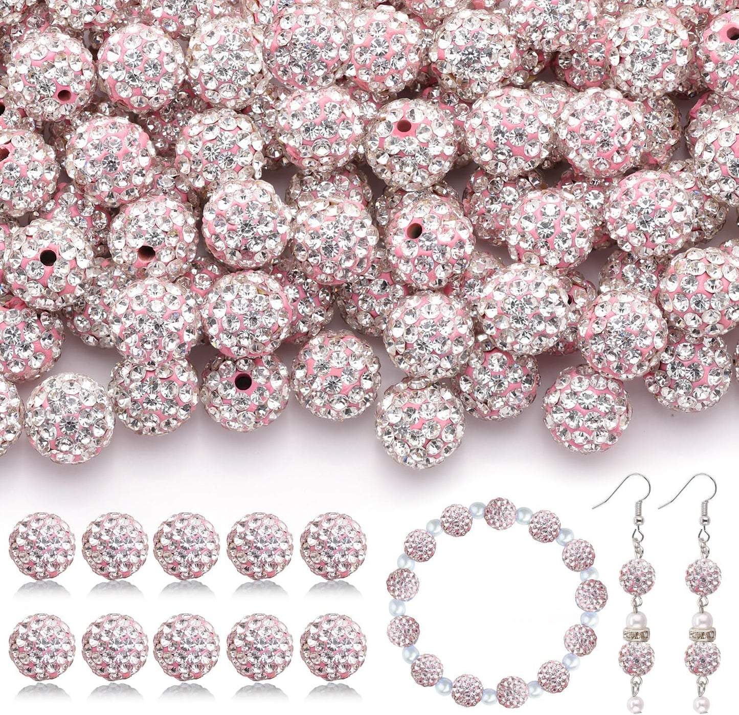 160pcs 10mm Rhinestone Beads for Jewelry Making, Pink White Shiny Round Disco Ball Beads Bulk, Sparkle Crystal Clay Christmas for Bracelet Baseball Necklace Earring Crafting and DIY