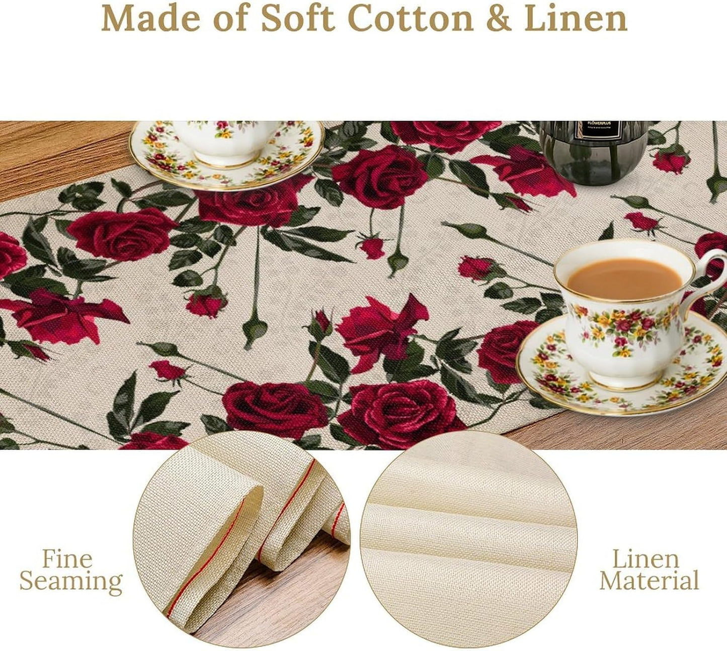 Rose Table Runner, Retro Red Rose Flowers Green Leaves Valentine's Day Kitchen Dinning Table Runner for Indoor Outdoor Home Wedding Party Holiday, 13x70 Inch