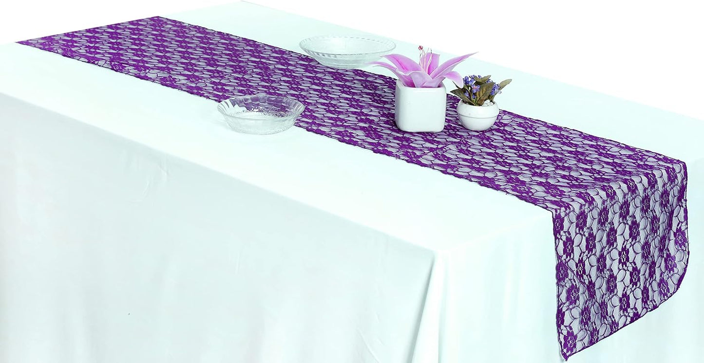 MDS Pack of 15 Wedding 12 x 108 inches Lace Table Runner for Wedding, Decorations for Birthday Parties, Banquets, Graduations, Engagements, and Runners fit Rectangle, Round Table- Purple